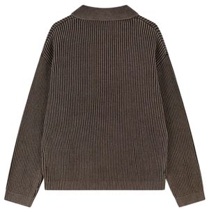 Men Heavy Washed Rib Knit Polo Sweater <b>Brown</b> <b>Long</b> <b>Sleeve</b> Soft Textured Pullover Casual Winter <b>Top</b> Cotton Blend OEM - Product Image 2