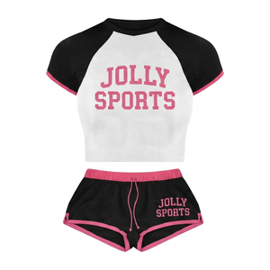 Women <b>Booty</b> Short Set Polyester Spandex 200 GSM Black Pink White Raglan Sleeve Sublimation <b>Heat</b> Transfer Logo Women <b>Booty</b> Set - Product Image 1