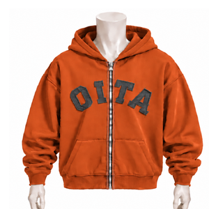 Custom Burnt <b>Orange</b> Mens Zip Front Hoodie Chenille Letter Applique Heavyweight <b>Fleece</b> Loose Fit Casual Streetwear Sweatshirt - Product Image 1