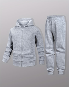 Customized Brand 2pcs Set Boys Outfit Long Sleeve Zip-Up Sweatshirt Joggers Autumn/Winter Solid Color Polyester/Cotton Casual - Product Image 1
