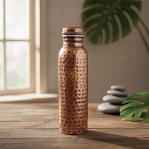 Handmade Pure Copper <b>Water</b> <b>Bottle</b> Half Hammered Dimple Texture 1000ml Drinkware Ayurvedic Wellness Leakproof Yoga Flask <b>1</b> <b>Litre</b> - Product Image 4