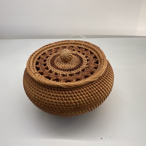 New Design Hot Trend Natural Rattan Round <b>Basket</b> <b>with</b> Unique Patterned Woven <b>Lid</b> Vietnam Bohemian Style Eco-Friendly - Product Image 2