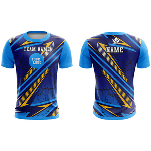 Camiseta de Fútbol Azul Personalizada para Hombre, Manga Corta, Cuello Redondo, Absorbe la Humedad, Impresión Sublimada, Nombre del Equipo y Logotipo en la Parte Delantera, Ajuste Atlético, 100% - Product Image 3