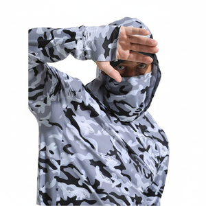 <b>Men's</b> Gray Camouflage Long Sleeve Hooded Shirt with <b>Face</b> <b>Mask</b> Anti-UV Fishing Pullover Top - Product Image 4