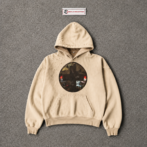 Sweat à capuche oversize beige délavé pour homme, imprimé graphique vieilli, style streetwear, tenue quotidienne d'automne, coton premium, élégant et confortable - Product Image 5