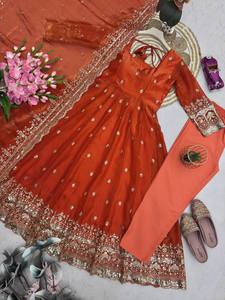 Ensemble Anarkali en coton orange rouille avec dupatta, tenue traditionnelle indienne et pakistanaise pour femme, coupe ample, extensible, longueur cheville, vêtement décontracté - Product Image 1