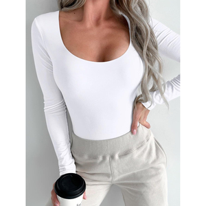 Body de Manga Larga Blanco para Mujer, Cuello Redondo, Ajuste Ceñido, Estilo Casual, Cuello Cuadrado, Cómodo, OEM ODM - Product Image 4
