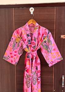 Women's Pink Animal Print Cotton <b>Kimono</b> Robe Full-Length Drawstring Closure Soft & Breathable Lightweight Summer Nightwear - Product Image 4