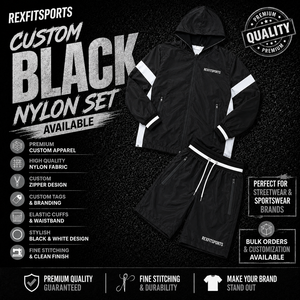 REXFIT SPORTS 2026 Conjunto Personalizado de Chaqueta con Capucha y Pantalones Cortos de Nailon Negro para Hombre, con Paneles Blancos, Cortavientos, Ropa Deportiva, Marca Privada - Product Image 1