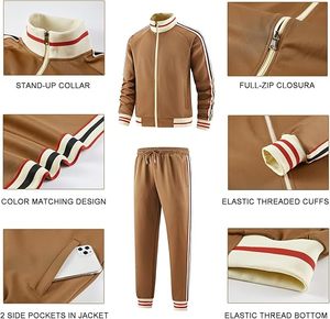 Survêtement marron pour homme, fermeture éclair intégrale, col montant, poches latérales rayées, tenue décontractée d'automne, mélange polyester-coton, coupe classique - Product Image 3