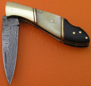 Back Lock Customized Damascus Steel Blade Straight Pocket <b>Knife</b> camel <b>bone</b> bull horn <b>Handle</b> Leather Sheath Outdoor - Product Image 1