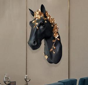 <b>Black</b> Metal Horse Head Wall Art with Gold Floral Design Glam Home Decoration <b>Large</b> 33-40 Inch Handmade - Product Image 4