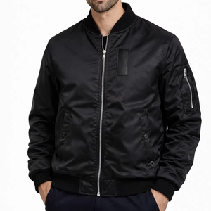 Blouson Bomber Noir Premium pour Homme, Classique, Zippé, Léger, Décontracté, Style Urbain, Coupe Ajustée, Col Côtelé, Style Motard, Manches Longues - Product Image 1
