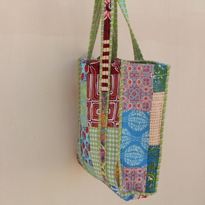 Handcrafted Quilted <b>Patchwork</b> 100% Cotton Lightweight Tote <b>Bag</b> with Long Shoulder Strap for Travel & Shopping - Product Image 4