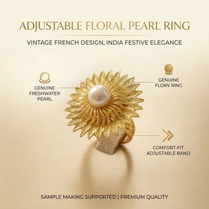 Trendy Anti-Tarnish Metal Textured Sun Rays Pearl Golden Plated Finger Ring Adjustable French Style Vintage Floral Engagement - Product Image 2
