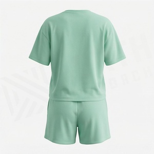 Conjunto de 2 Piezas para Mujer, Color Verde Sólido, Tejido de Punto, Cuello Redondo, Manga Corta, Corte Holgado, Casual, Por Encima de la Rodilla, Transpirable, para Uso Diario - Product Image 2