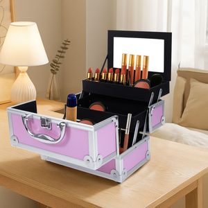 "Aluminum <b>Makeup</b> Train <b>Case</b> with Diamond Pattern Durable PP Material 9x6x6 Inches Pink" - Product Image 1