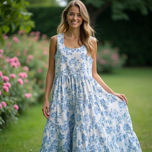 Robe longue A-Line à encolure dégagée pour la nature et les voyages Style Boho léger à plusieurs niveaux Parfait pour les jours d'été vignes blanches bleues - Product Image 1