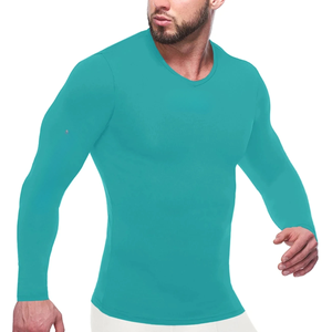 Men <b>Long</b> <b>Sleeve</b> O-Neck Compression Shirt Solid Color Quick Dry Slim Fit Casual <b>Workout</b> <b>Top</b> Teal Green Knitted Polyester - Product Image 1