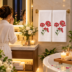 Serviettes de toilette en coton blanc de haute qualité, brodées de fleurs sauvages rouges vibrantes, pour la salle de bain et les cadeaux de mariage - Product Image 3
