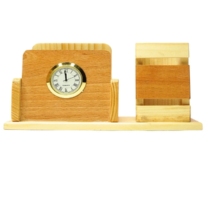 Support à stylos en bois naturel avec horloge pour l'organisation du bureau, support à stylos promotionnel personnalisé avec horloge - Product Image 6