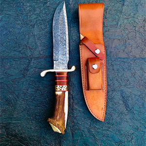 มีดสั้นเหล็กดามัสกัสทรงตรงสำหรับล่าสัตว์ คุณภาพอุตสาหกรรม ด้ามทำจากเขากวาง พร้อมปลอกหนัง แบบพกพา สำหรับใช้งานทางยุทธวิธี (OEM) - Product Image 6