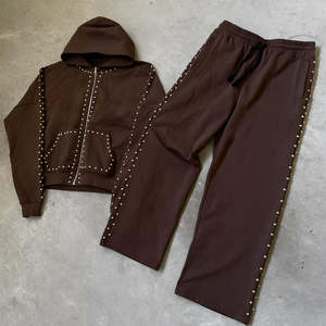 Prix de Gros 2026 Survêtement Homme Zippé Strass Noir Marron 100% Coton Logo Personnalisé OEM ODM - Product Image 3