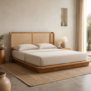Caned Teak <b>Bed</b> for Hotel Resort Villa Projects Natural Timber Headboard <b>Platform</b> <b>Frame</b> Contract Hospitality Furniture Supplier - Product Image 1