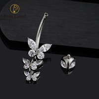 Anneau de nombril triple papillon en titane ASTM F136 14G avec pendentif CZ étincelant pour piercing de nombril, bijou corporel