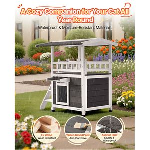 Casetta per Gatti a 2 Piani in Legno da Esterno con Scale e Balcone, Rifugio Rialzato per Gatti Randagi, Spaziosa Stanza Impermeabile, Mobili per Animali Domestici - Product Image 6