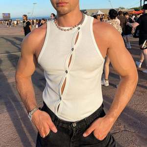 Men's <b>Orange</b> Ribbed <b>Tank</b> <b>Top</b> With Button Front Hollow Design Casual O-Neck Sleeveless Vest Solid Color Knitted Style - Product Image 5