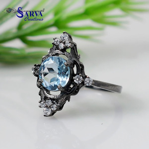 Natural Blue Topaz <b>Ring</b> with Cubic Zirconia Accents Handmade 925 Sterling <b>Silver</b> <b>Statement</b> Engagement <b>Ring</b> for Women - Product Image 2