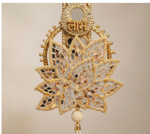 Traditional Indian Gold <b>Mirror</b> Work Shubh Wall Hanging Lotus Decorative Toran For Diwali Wedding Festive Home Room Decor - Product Image 4