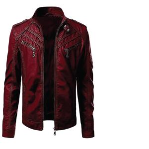 Veste de moto en cuir PU pour homme, col montant, fermeture éclair, couleur unie, coupe ajustée, longueur normale, hiver, séchage rapide, respirante - Product Image 1