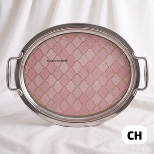 Luxury Oval Stainless Steel Serving Tray Decorative Pink Enamel <b>Grid</b> Pattern Platter Fruit Tea Tray with Handles for Home Decor - Product Image 3