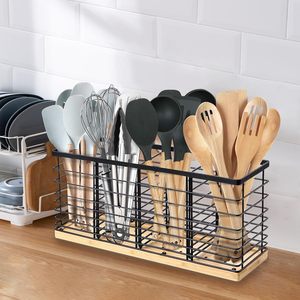 Porte-ustensiles de cuisine à 4 compartiments, organisateur de couverts en bois, support de rangement de comptoir, porte-argenterie rustique pour la maison - Product Image 5