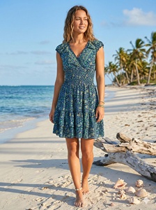Robe coréenne pour femme, printemps, écologique, coupe trapèze, longueur genou, en soie, col en V, sans manches, ourlet à volants, imprimé floral, sexy, mignonne, douce, style Y2K - Product Image 4