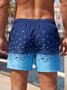 Shorts de plage pour hommes à imprimé mouettes dégradé bleu avec cordon de serrage à la taille, séchage rapide, fabriqués au Pakistan - Product Image 3