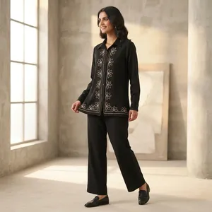 Ensemble chemise noire brodée et pantalon large pour femme, manches longues, motif floral, col chemise, élégant, décontracté, tenue de bureau, deux pièces - Product Image 2