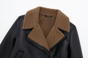 Veste moto en cuir véritable noir pour homme, col montant, fermeture éclair, doublure en sherpa, imperméable, respirante, coupe-vent, style hiver - Product Image 5