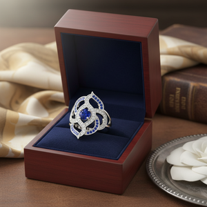 Bague de soirée en saphir bleu et diamants, or blanc 14 carats, 0,40 carats au total |   Bague Statement en Pierre Précieuse, Bijou de Luxe de Créateur, Cadeau pour Femme - Product Image 3