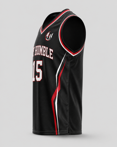 Maillot de basket-ball pour homme FLY HUMBLE, noir, rouge, blanc, 100% polyester, sangle réglable, taille plus, séchage rapide, coupe régulière, adulte, toutes tailles - Product Image 1