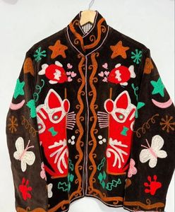 Wholesale Vintage Style Dark Brown <b>Velvet</b> Jacket <b>Women</b> Hand Embroidered Animal Short <b>Coat</b> Boho Winter Outerwear Suzani jacket - Product Image 3