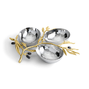 Bol à Trois Nuts de Luxe en Forme de Branche d'Olivier avec Assiettes Argentées Martelées et Accents Dorés pour une Présentation et une Décoration de Table Élégantes - Product Image 3