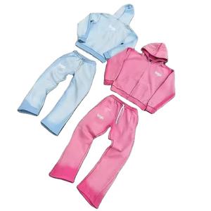 Ensemble de survêtements en gros OEM 100% coton surdimensionné et lourd, survêtement personnalisé avec pantalon de survêtement imprimé en relief et pantalon évasé - Product Image 4