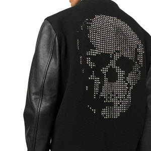 Rhinestones Men's Black Varsity <b>Jacket</b> Genuine <b>Leather</b> Sleeves White Trim Collar Regular Fit Casual <b>Winter</b> Waterproof Reversible - Product Image 5