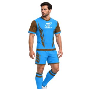 Conjunto de camiseta deportiva y pantalones cortos de manga corta para hombre, color azul cielo y marrón, uniforme de fútbol para entrenamiento de equipos deportivos - Product Image 5