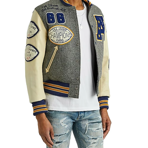 Blouson universitaire homme bleu marine en laine peignée avec lettres brodées et écussons de baseball, imperméable, respirant, écologique, col rond, coupe classique - Product Image 1