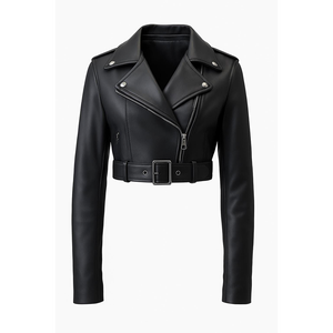 Chaqueta Corta de Cuero PU de Lujo para Mujer, Negra, Personalizada, Otoñal, Sólida, Impermeable, Cortavientos, Estilo Motociclista, con Botones Tejidos - Product Image 3