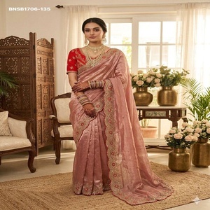 Sari en satin fantaisie de la collection Premium avec broderies Butti dispersées et bordure en sequins de 3 mm - Blouse prête à porter pour femme - Product Image 1